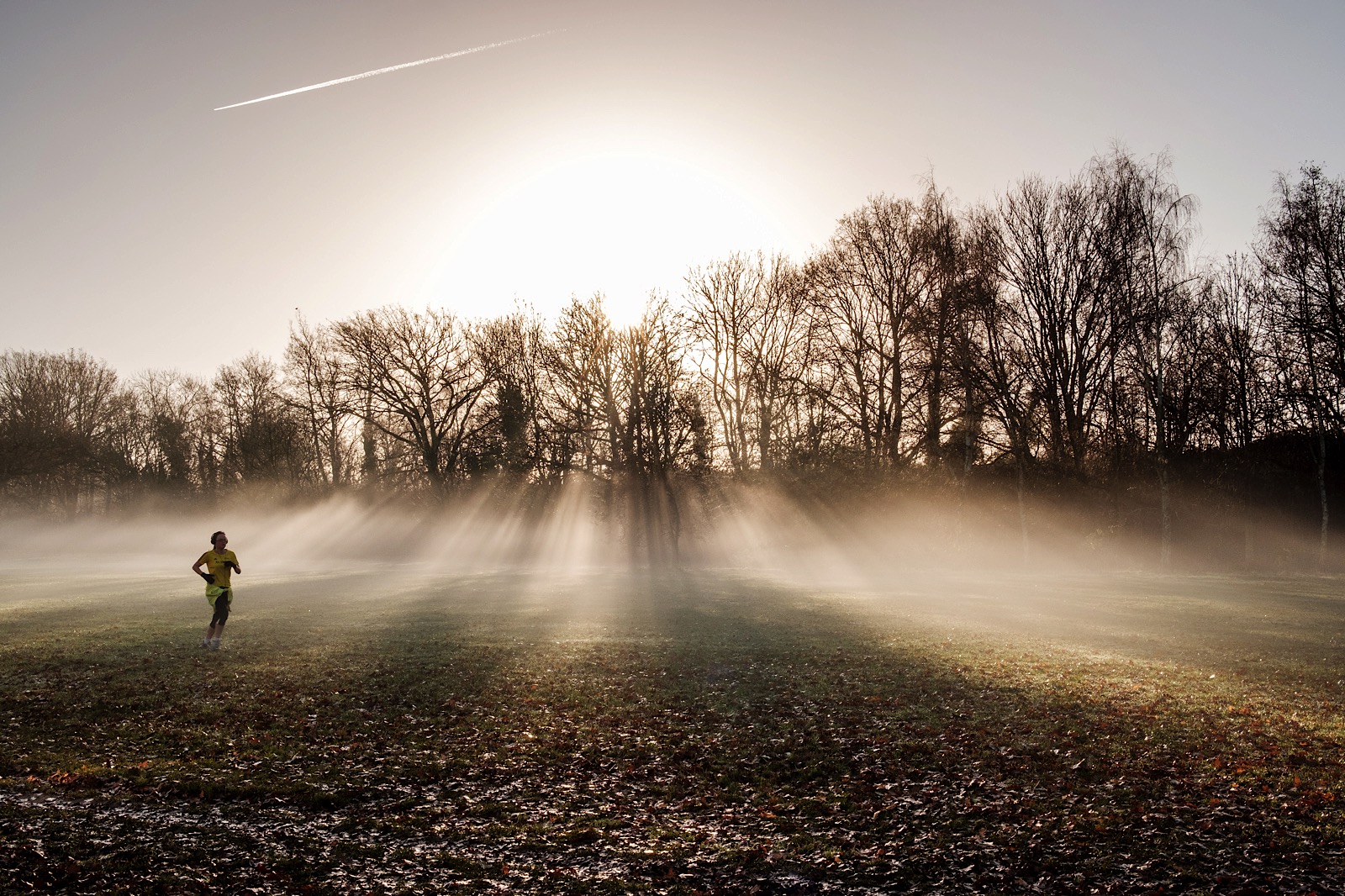 Misty morning in a South London park with a silhouette of a woman running