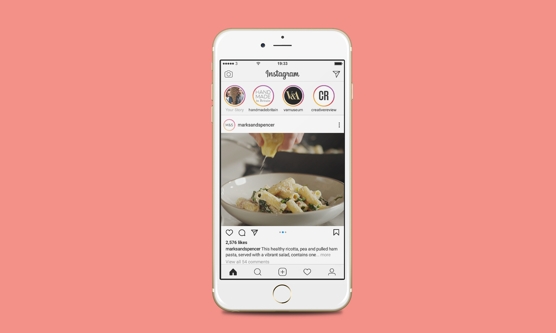 Mobile mockup of marks and spencers instagram feed showing photo services in use