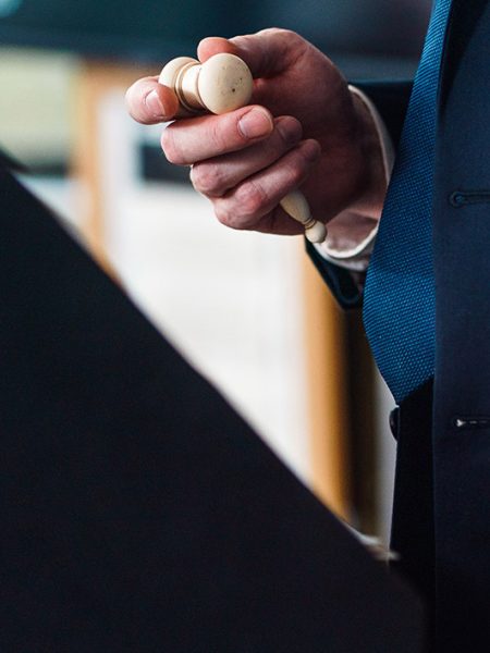 Image of man holding small auctioneers hammer