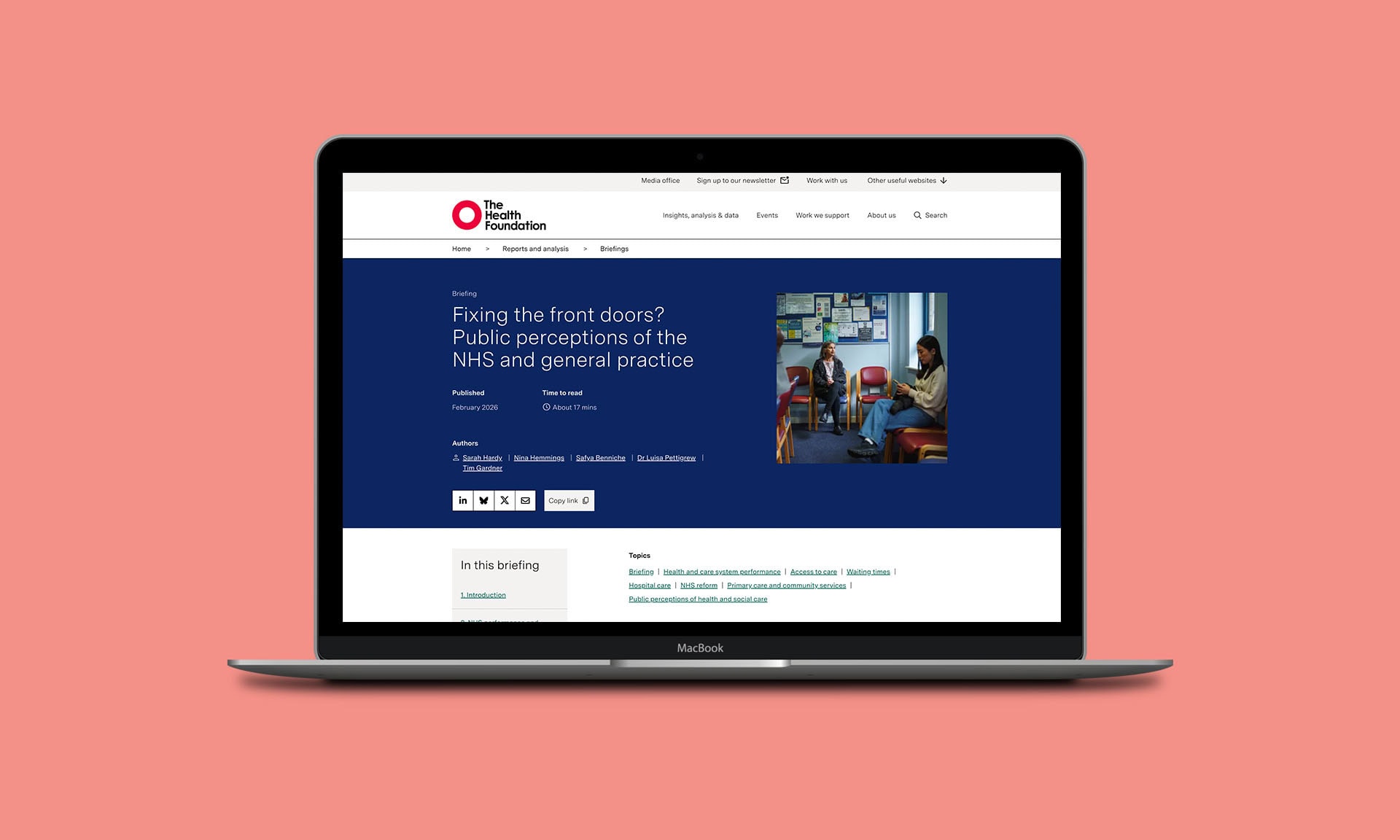 A laptop displays a webpage from The King's Fund about public perceptions of the NHS and general practice, with a photo of two people seated in a waiting room.